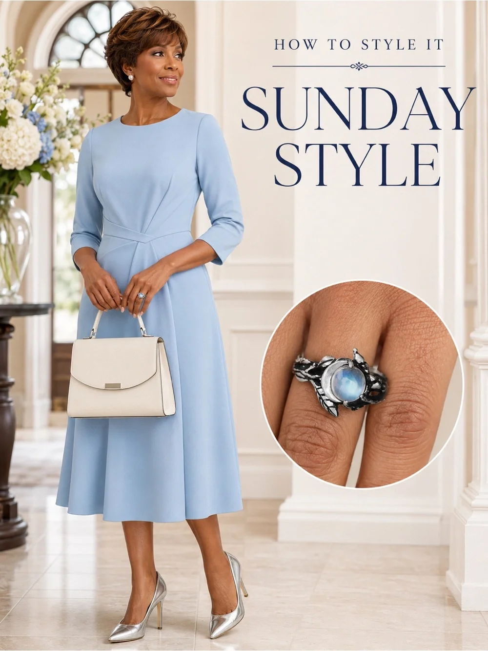 “Blue Moonstone-Look Cabochon Crescent Moon Leaf Ring”